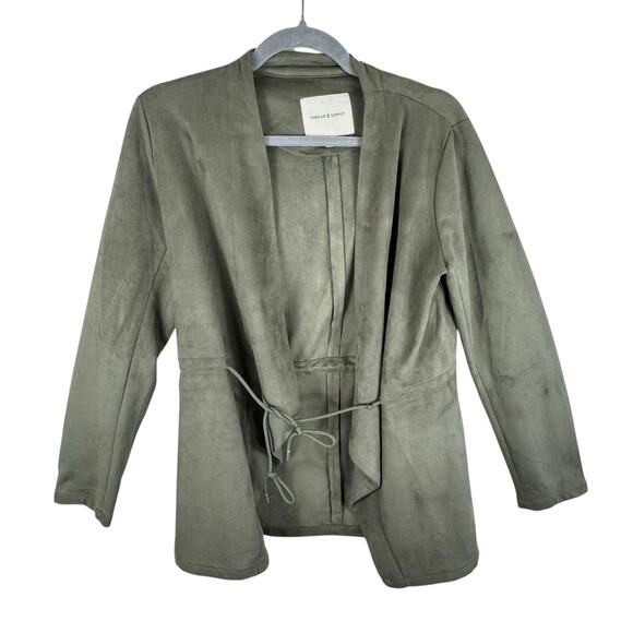 Thread & Supply Green Olive Faux Suede Long Sleeve Open Blouse Tie At Waist Sz S - Picture 1 of 6